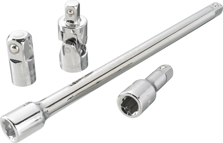 Photo of CRAFTSMAN CMMT42352 chrome socket accessory set, including extension bar and adapters, on white background.