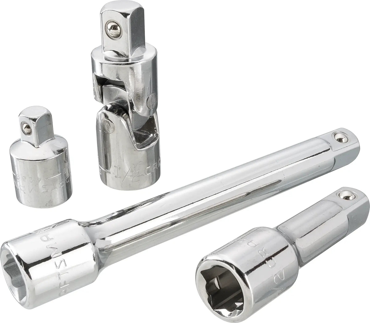 Photo of CRAFTSMAN CMMT42353 socket accessory set with chrome finish, includes extension bars, adapters, and universal joint.