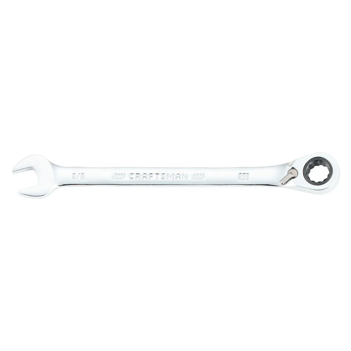 Photo of CRAFTSMAN CMMT42413 ratcheting combination wrench, chrome finish, open-end and box-end, side angle on white.