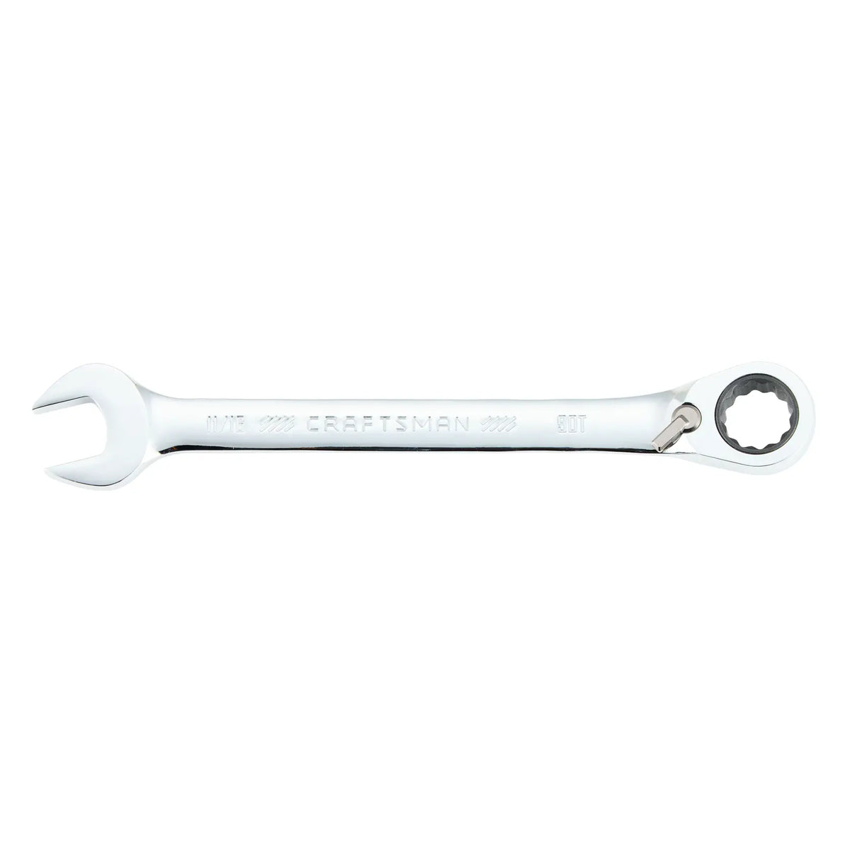 Photo of Craftsman CMMT42418 combination ratcheting wrench, chrome finish, 11/16 inch, side view on white background.