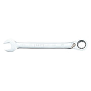Craftsman CMMT42419 chrome ratcheting combination wrench with open end and ratchet box end, side angle, white background.