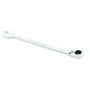 A silver ratcheting combination wrench with an open-end on one side and a ratcheting box-end on the other, shown on a white background.