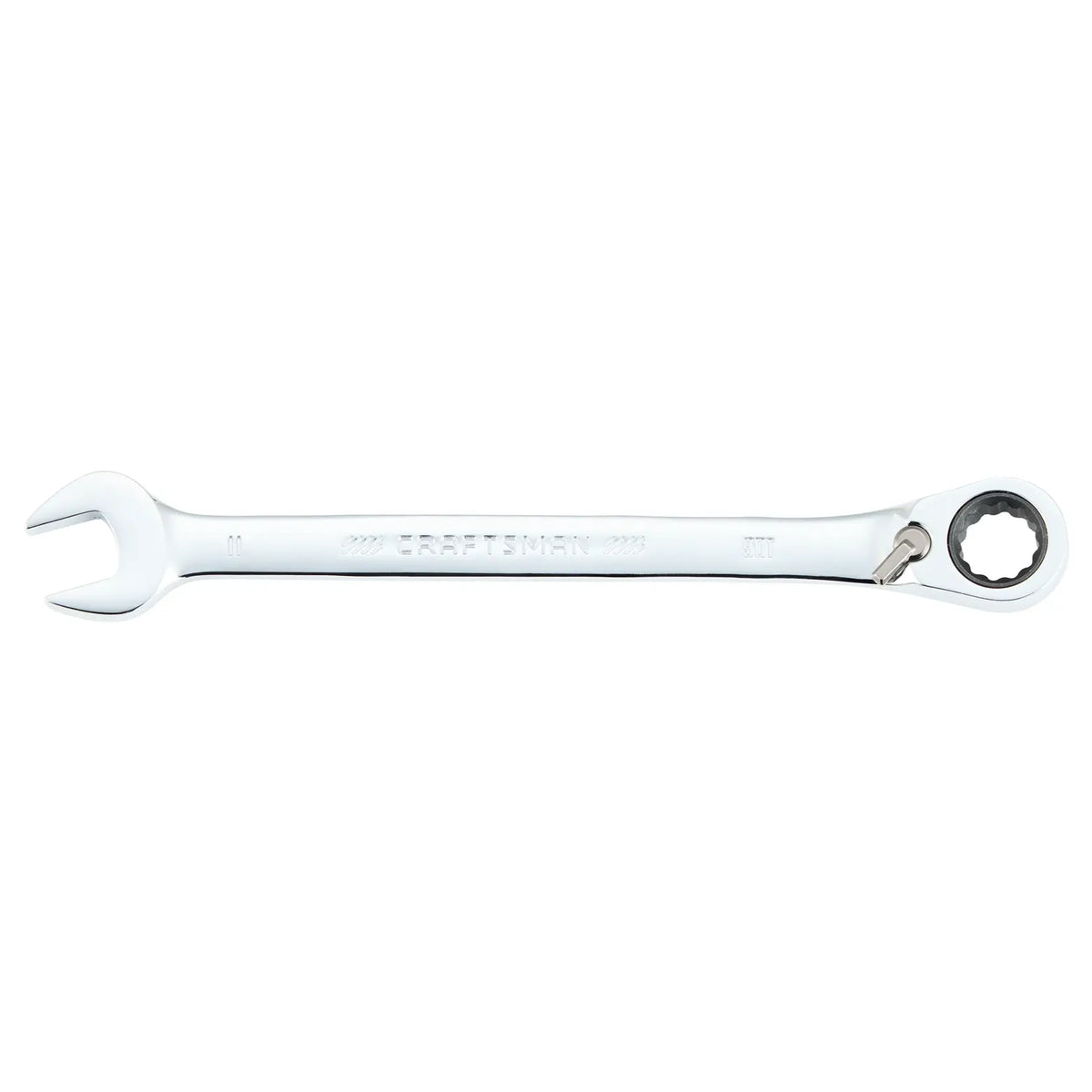 Photo of CRAFTSMAN CMMT42422 11mm ratcheting combination wrench, chrome finish, top angle on white background.