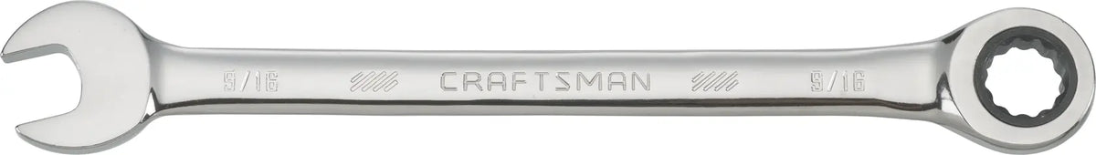 CRAFTSMAN CMMT42564 chrome combination wrench with open end and ratcheting box end, top view on white background.