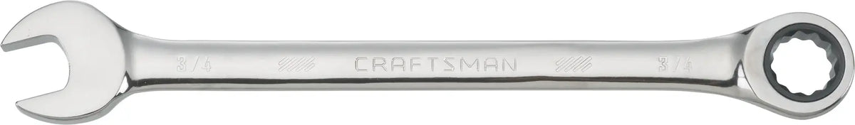 Photo of CRAFTSMAN CMMT42567 chrome combination ratcheting wrench, open-end and ratcheting box end, side view.