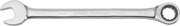 Photo of CRAFTSMAN CMMT42567 chrome combination ratcheting wrench, open-end and ratcheting box end, side view.