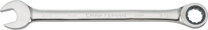 Photo of CRAFTSMAN CMMT42567 chrome combination ratcheting wrench, open-end and ratcheting box end, side view.