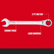 Photo of Craftsman ratcheting wrench with chrome finish, large markings, 12-point box end, SKU CMMT42576, side view.