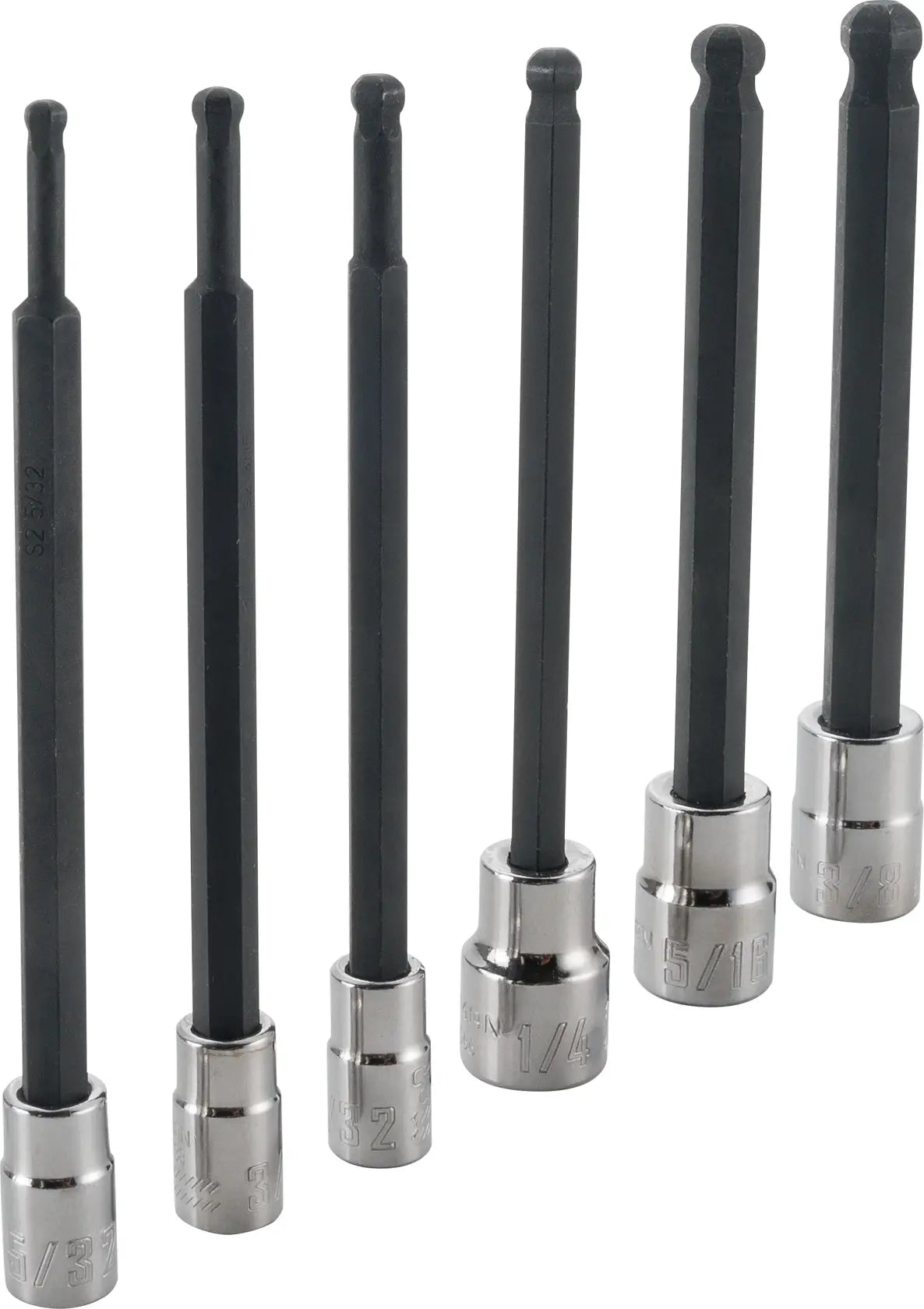 CRAFTSMAN CMMT42606 hex bit socket set, six pieces, chrome and black finish, front angle photo.