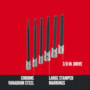 CRAFTSMAN CMMT42607 graphics of six chrome vanadium steel hex bit sockets with 3/8 inch drive, front view.