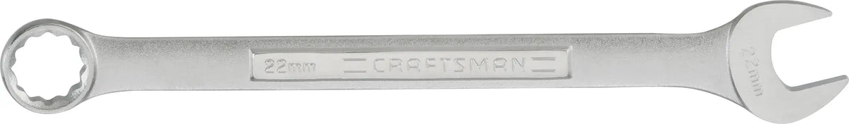 Photo of CRAFTSMAN CMMT42922 22mm combination wrench, silver, open-end and box-end, side view, white background.