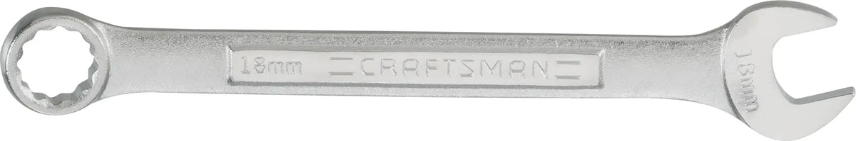 Photo of CRAFTSMAN CMMT42925 18mm combination wrench, silver finish, flat lay on white background.