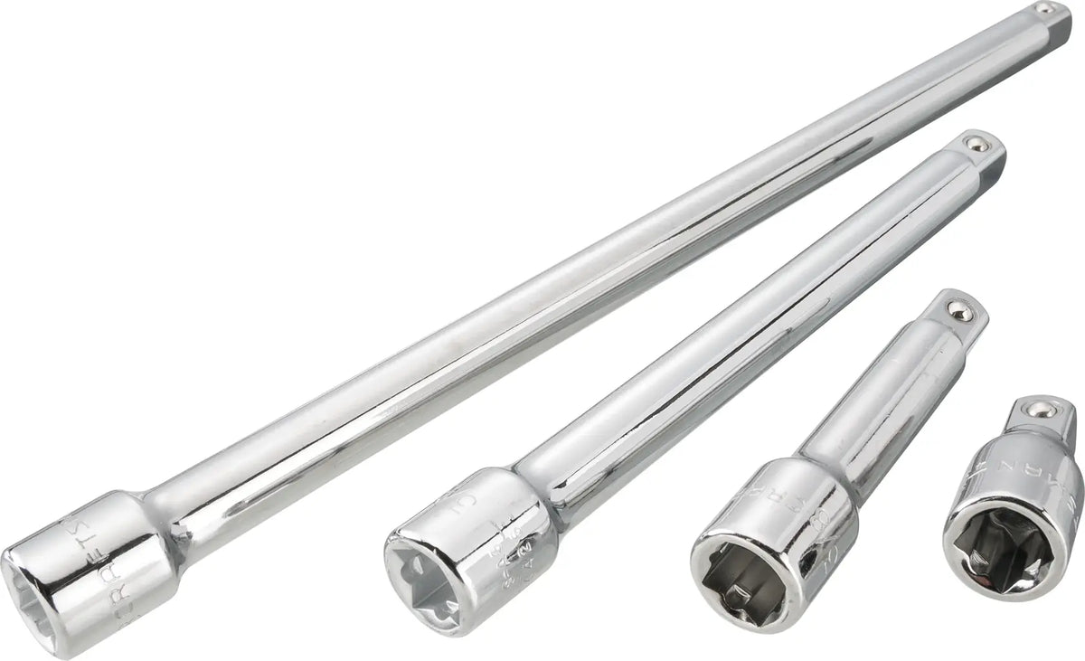 CRAFTSMAN CMMT43282 chrome extension bar set, four pieces in varying lengths, socket accessory, front angle on white.