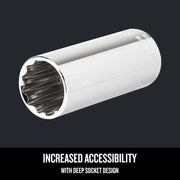 Craftsman deep socket, chrome finish, twelve-point design, graphics category, SKU CMMT43317, side angle.