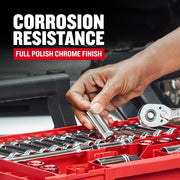 Photo of CRAFTSMAN socket set CMMT43334 in red case, chrome finish sockets and ratchet, hand picking socket.