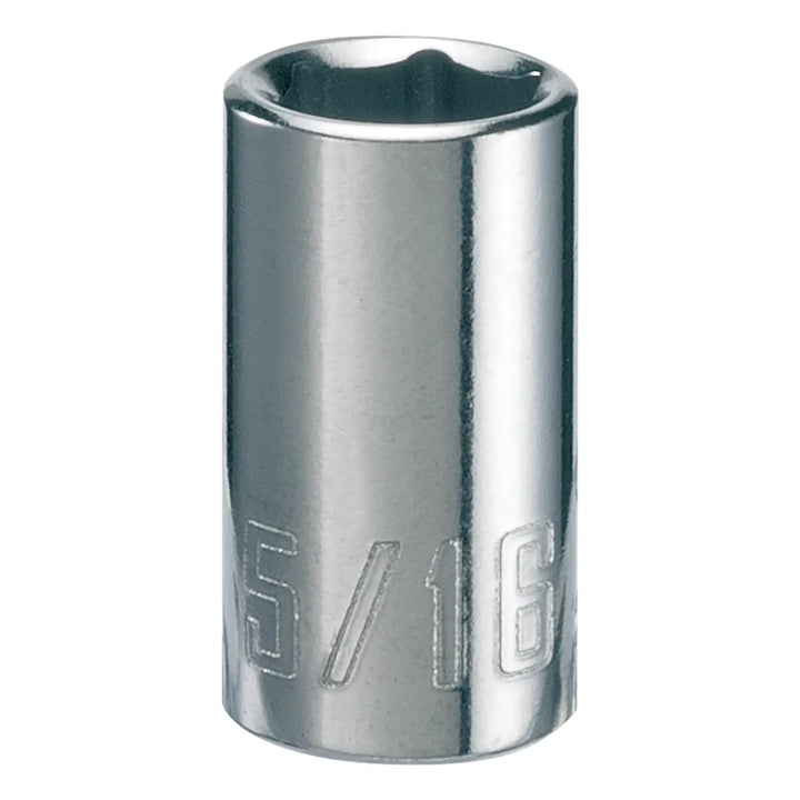 Photo of Craftsman socket, chrome finish, 5/16 inch size, model CMMT43495, front angle, white background.