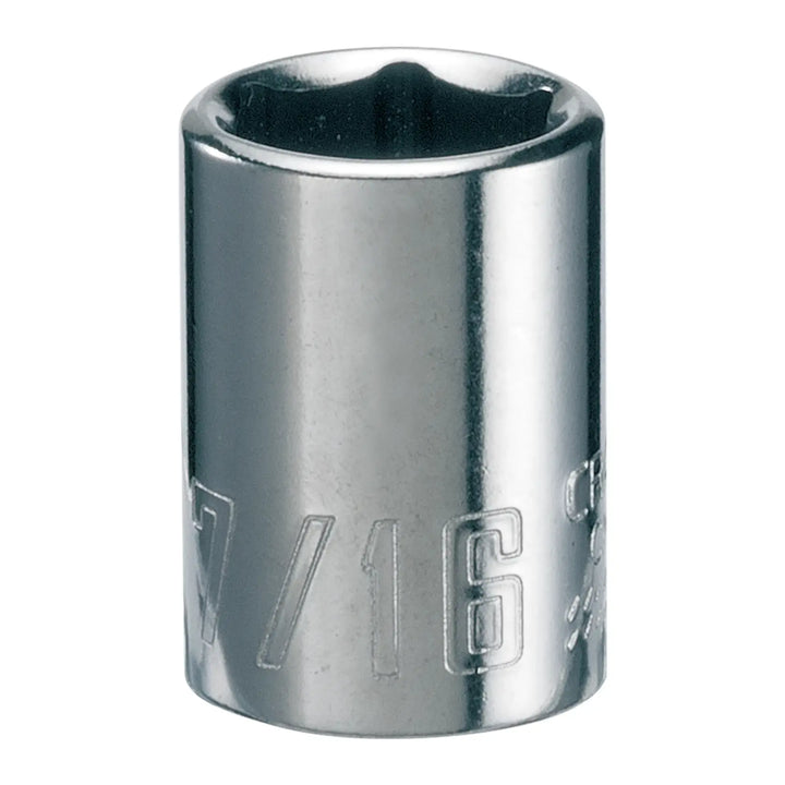Photo of Craftsman 7/16 inch socket, chrome finish, SKU CMMT43498, tool head front view on white background.