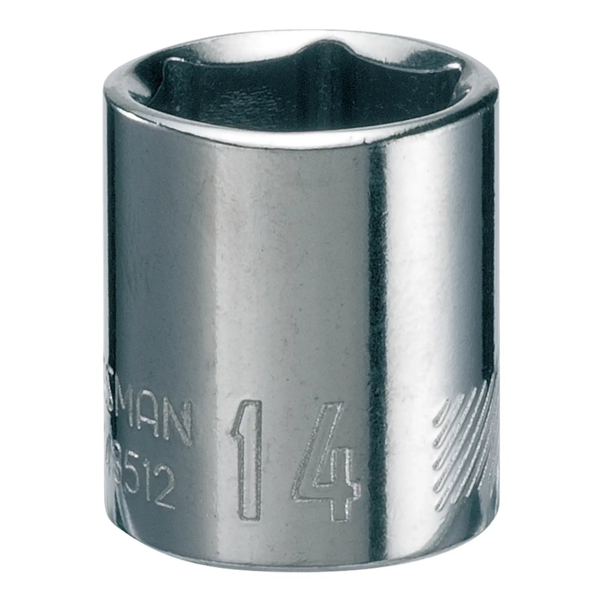 Photo of Craftsman chrome socket, size 14mm, SKU CMMT43512, front angle on white background.