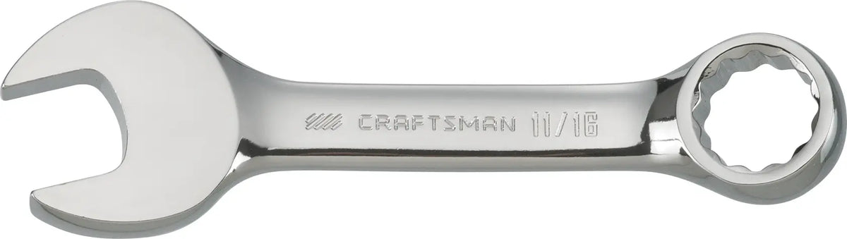 Photo of a Craftsman CMMT44108 combination wrench, chrome finish, 11/16 inch, side view on white background.