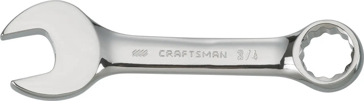 Photo of Craftsman CMMT44109 combination wrench with polished chrome finish, straight angle, white background.