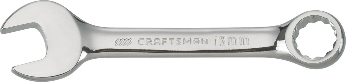 Photo of Craftsman 13mm combination wrench, SKU CMMT44115, chrome finish, top view on white background.