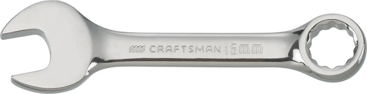 Photo of Craftsman CMMT44117 combination wrench, polished chrome finish, shown from side on white background.