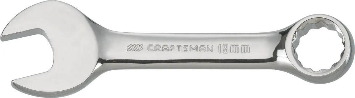 Photo of Craftsman 19mm combination wrench, chrome finish, SKU CMMT44120, on white background.