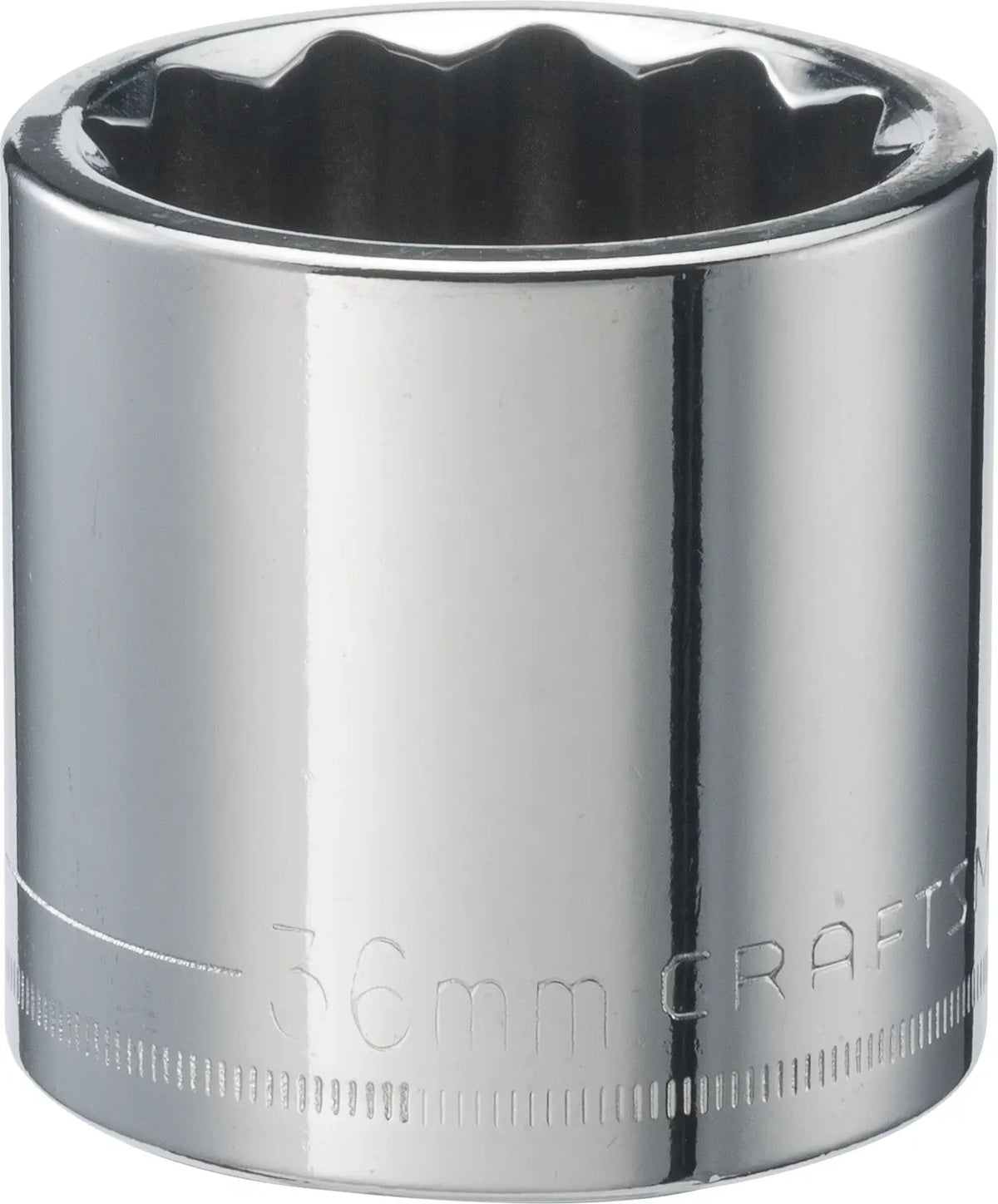 Photo of Craftsman 36mm chrome socket, SKU CMMT44248, viewed from side on white background.