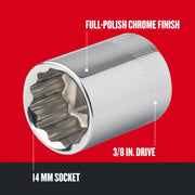 Craftsman 14 mm socket CMMT44305, chrome finish, 3/8 in. drive, graphics angle photo.