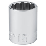 Photo of Craftsman 15mm chrome socket CMMT44306, front angle, with twelve-point interior.