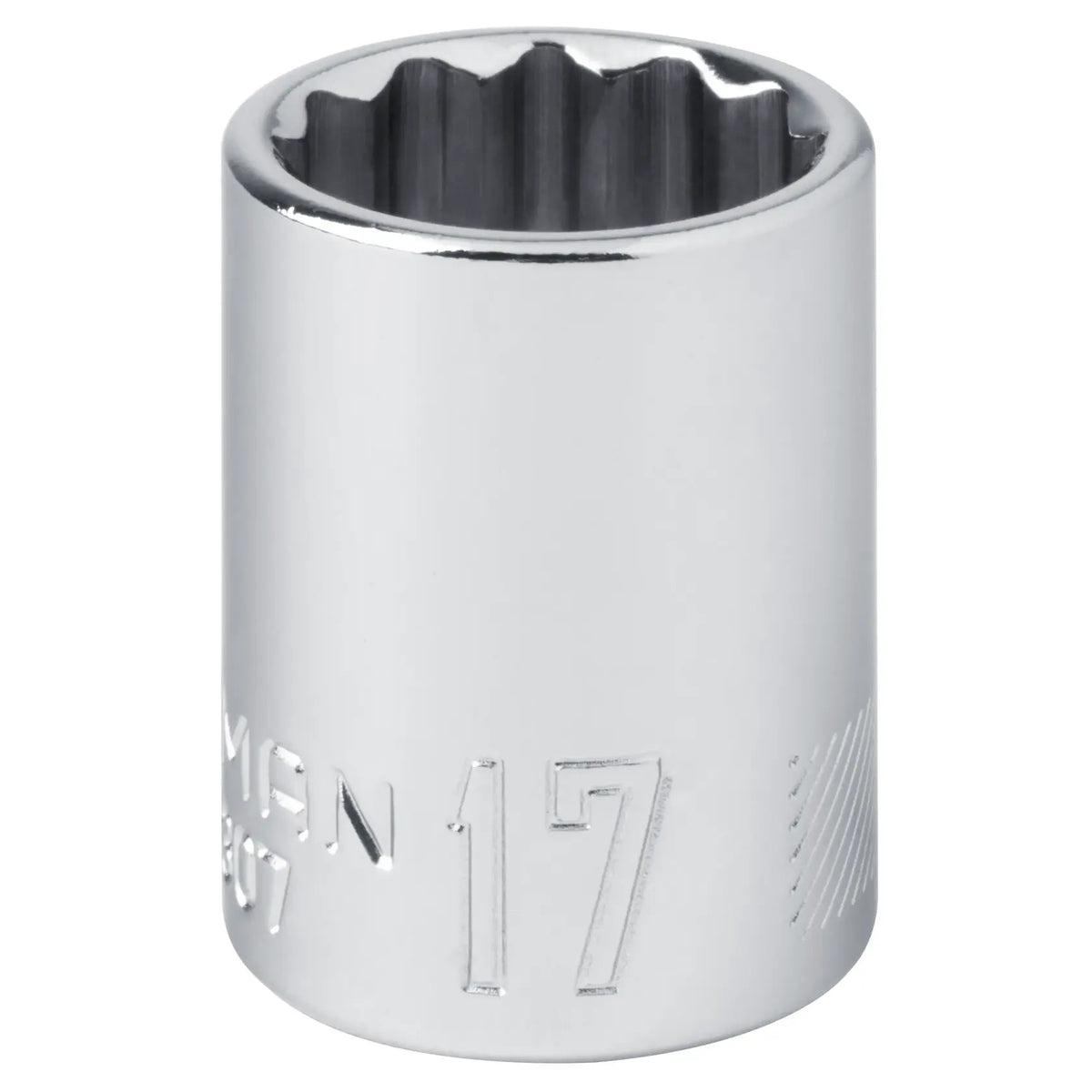 Craftsman 12-point chrome socket 17mm CMMT44307, product photography, front angle, white background.