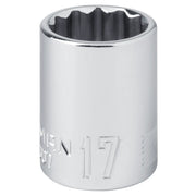 Craftsman 12-point chrome socket 17mm CMMT44307, product photography, front angle, white background.