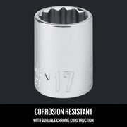 Craftsman 17mm chrome socket, SKU CMMT44307, shown upright on white background, corrosion resistant.