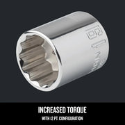Photo of Craftsman chrome 12-point socket, SKU CMMT44308, angled view on black background, engraved size marking visible.