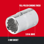 Craftsman 11 mm chrome socket with 3/8 in. drive, full-polish finish, angled view, CMMT44309.
