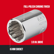 Photo of Craftsman 16 mm socket, SKU CMMT44311, chrome finish, 3/8 in. drive, product on white background.