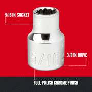 Craftsman 5/16 in. socket with 3/8 in. drive, full-polish chrome finish, CMMT44329, front angle photo.