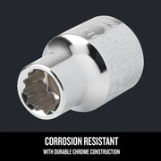 Photo of Craftsman chrome socket, SKU CMMT44329, showing side engraving and 12-point opening on dark background.
