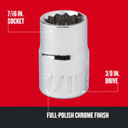 Craftsman 7/16 in. socket with 3/8 in. drive, full-polish chrome finish, CMMT44332, front angle on white background.