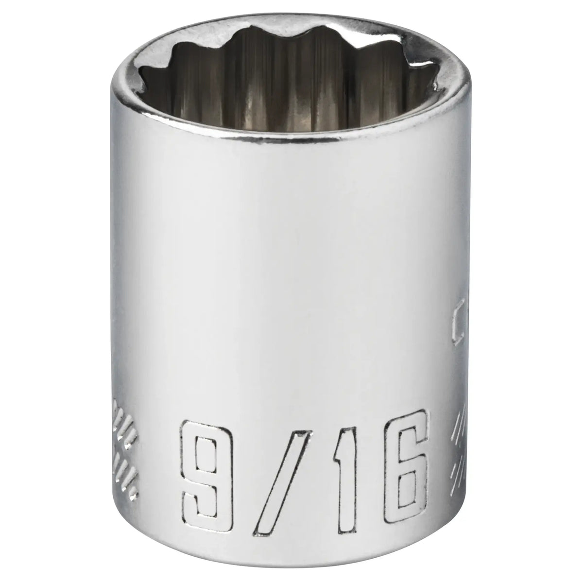Craftsman 9/16-inch chrome socket, close-up front angle on white, CMMT44334.