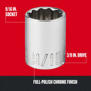 Craftsman 9/16 inch socket with 3/8 inch drive, SKU CMMT44334, full-polish chrome finish, front angle.