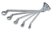 Photo of Craftsman box end wrench set, chrome finish, in five sizes, SKU CMMT44349, angled on white background.