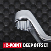 Photo of Craftsman chrome wrench with deep offset, 12-point design, CMMT44350 shown on textured surface.