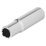 Craftsman chrome deep socket CMMT44414, cylindrical with 12-point interior, angled view on white background.