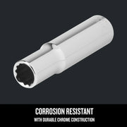 Craftsman chrome socket, corrosion resistant, graphics SKU CMMT44414, angled on white background.