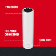 Craftsman 12mm socket, chrome finish, 3/8 in. drive, upright angle, SKU CMMT44416, graphics category.