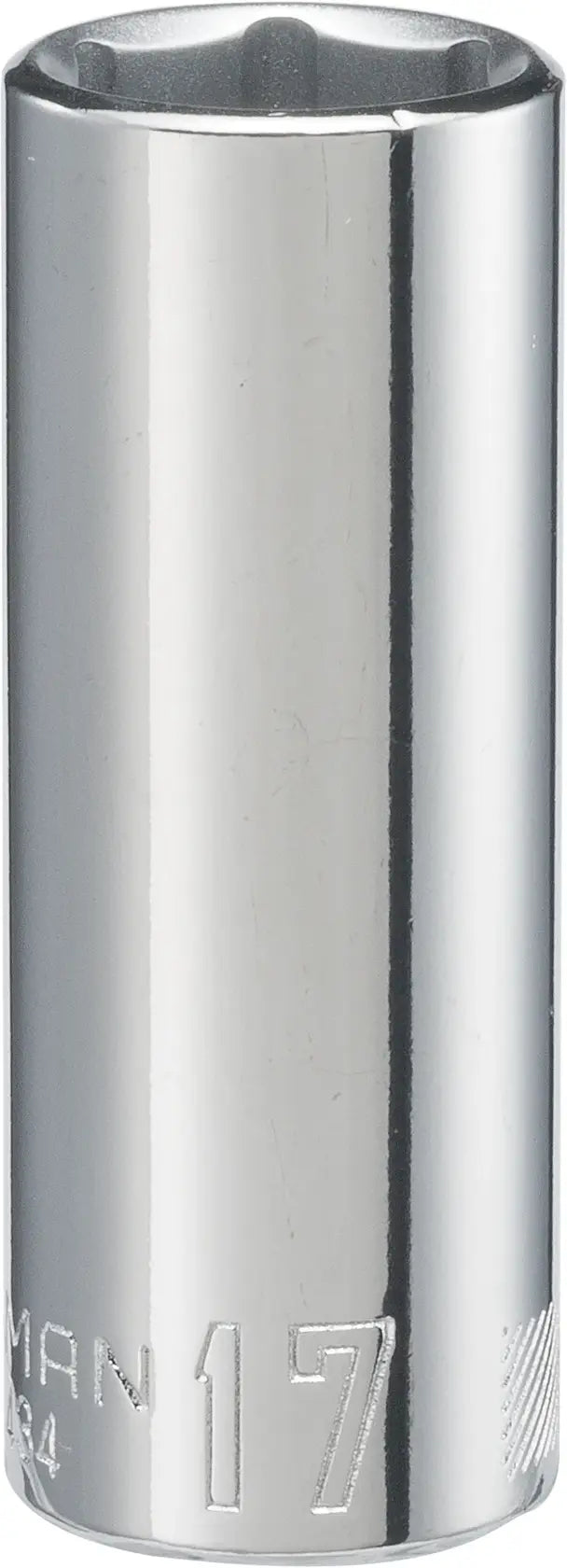 Craftsman CMMT44434 chrome deep socket, 17mm size, front angle on white background.