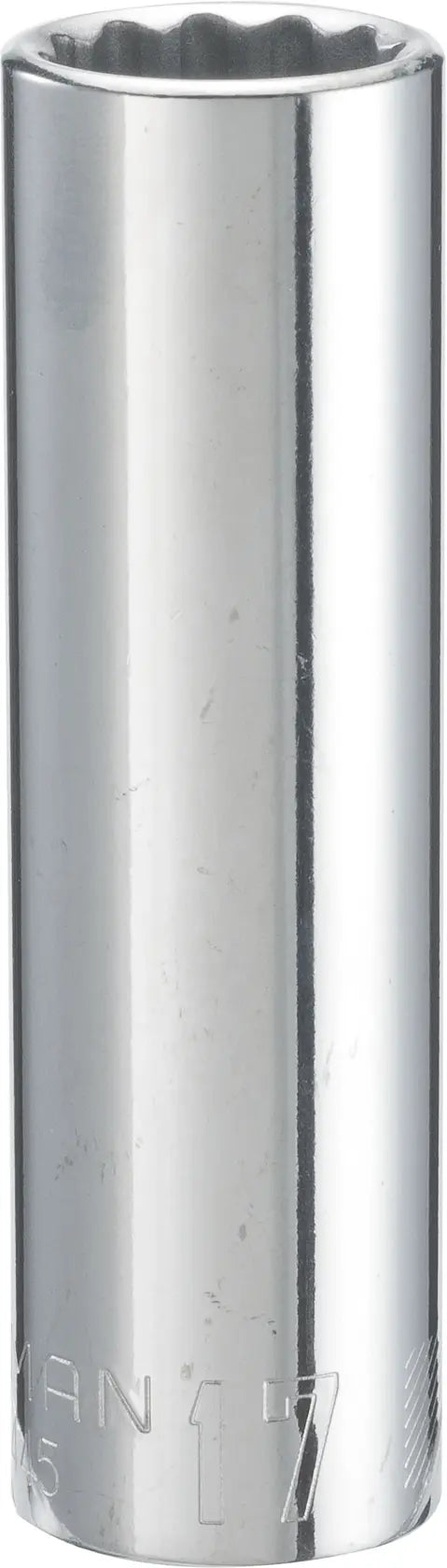 Craftsman CMMT44445 chrome deep socket, 12-point, photographed vertically on white background.