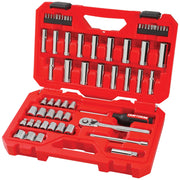Photo of CRAFTSMAN CMMT45061 socket and ratchet set in a red plastic case, featuring organized chrome pieces and bits.