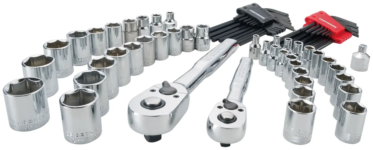 Photo of Craftsman socket and ratchet set with hex keys, model CMMT45071, top angle on white background.